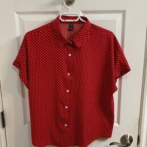 SHEIN Red White Polka Dot Print Short Sleeve Blouse Top Button Up Womens Large